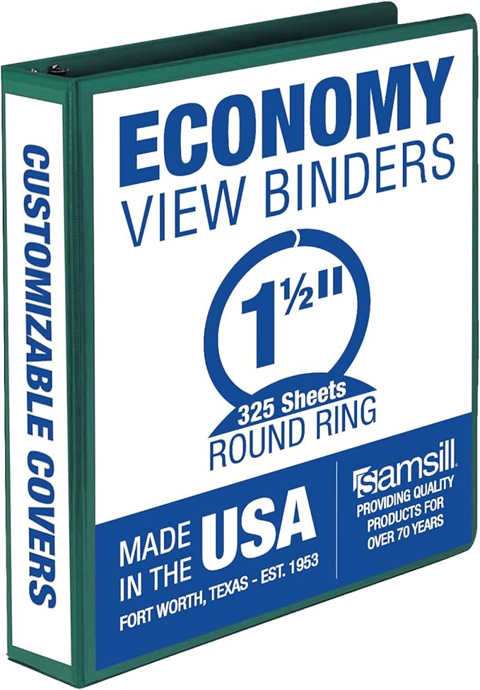 Samsill 1.5 Inch 3 Ring Binder, Made in USA, Economy Round Ring, Clear View Cover, 325 Sheet Capacity - for School, Home, Office - Forsest Green