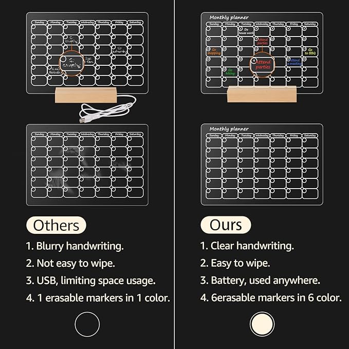 Acryic Dry Erase Board with Light, Wooden Stand Up for Desk, 11.8”x7.9”, Clear Monthly/Weekly Calendar and Led Note Board with Colors, Room/Store/Office/Festival/Gift, 6 Markers