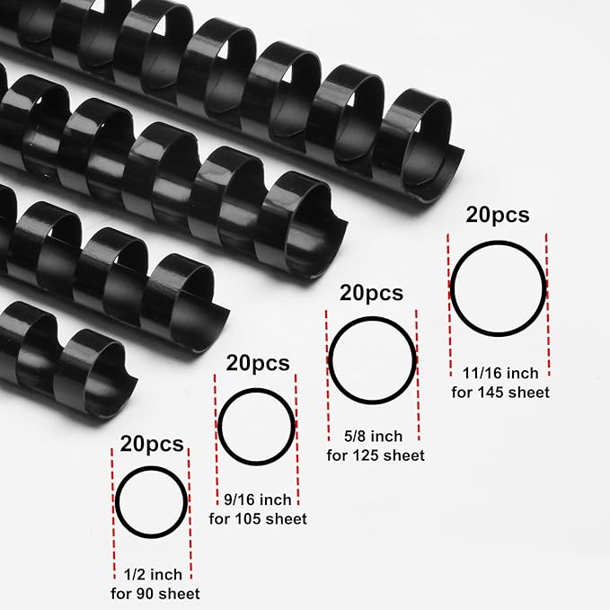 Rayson CR12141618BK Plastic Binding Combs 1/2in. 9/16in, 5/8in, 11/16in, 19-Ring Letter Size, Black Comb Binding Spines, Multi-Size Pack of 80