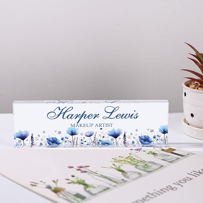Custom Name Plate for Desk, Personalized Acrylic Office Name Sign with Name & Title, Elegant Desk Decor for Women Men, Employee Appreciation Gift (Blue-1)