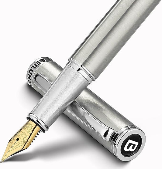 BEILUNER Luxury Fountain Pen Set, Solid 24K Gilded Medium Nib, Silver Stainless Steel Body- Includes 6 Ink Cartridges & Ink Refill Converter with Gift Case - Nice pen for Men and Women