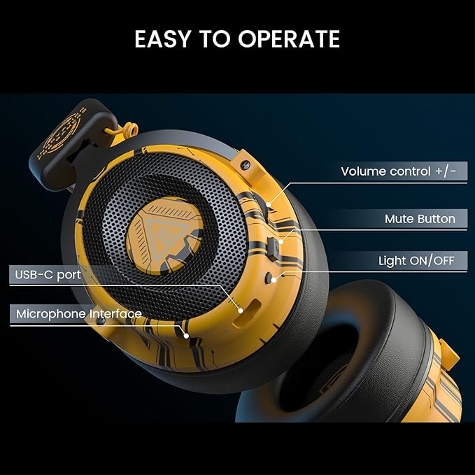 EKSA USB Gaming Headset for PC, Computer Gaming Headphones with Detachable Microphone Noise Cancelling, 7.1 Surround Sound, 50MM Driver, Wired Headset for PS4 PS5, Xbox One, Laptop (Yellow)