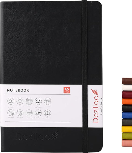 Deziliao Hardcover Notebook Journal 160 Pages, Lined Journal Notebooks for Work, 100Gsm Premium Thick Paper with Pocket, Medium 5.7"x8.4" （Black, Ruled）