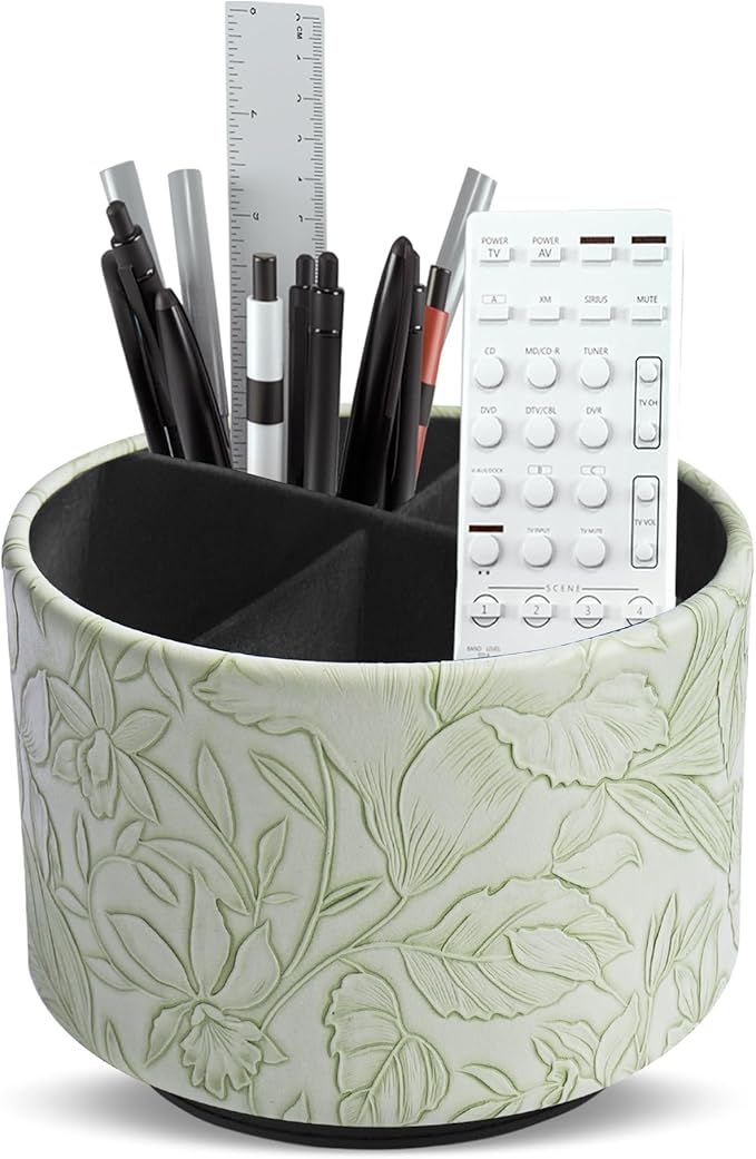 Hennaja Round Leather Art Supply Organizer,Remote Control Holder,360 Degree Spinning,Multi-Functional Pencil Holder,4 Compartments Desktop Stationary Organizer(1-Carved Green)