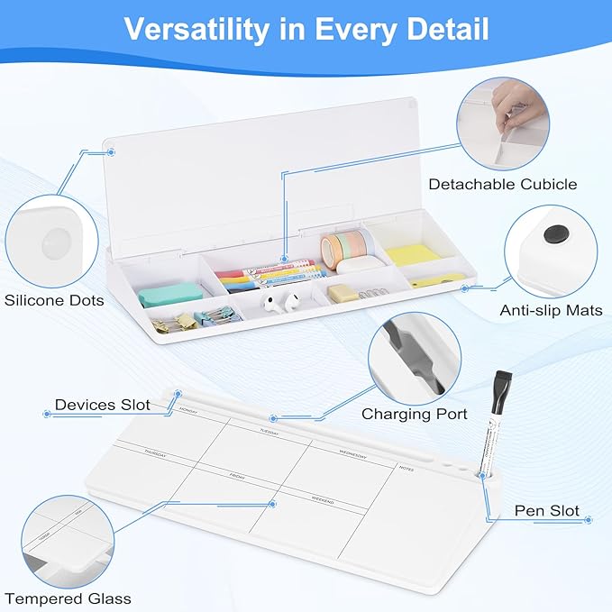 Desktop Glass Whiteboard with Storage, Weekly Calendar Desk Dry Erase White Board, Desk Organizers and Accessories, Weekly Planner Board for Planning, Memo, Note, Office, Home, College, School - White