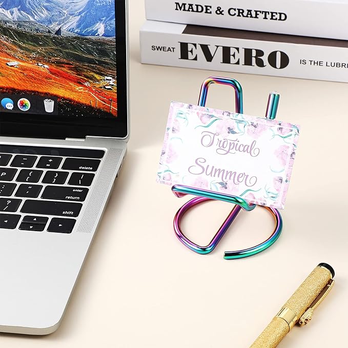 2 Pieces Metal Business Card Holder for Desk, Cell Phone Stand, Elegant Line Business Card Display Holder Stand, Office Desktop ID Name Organizer