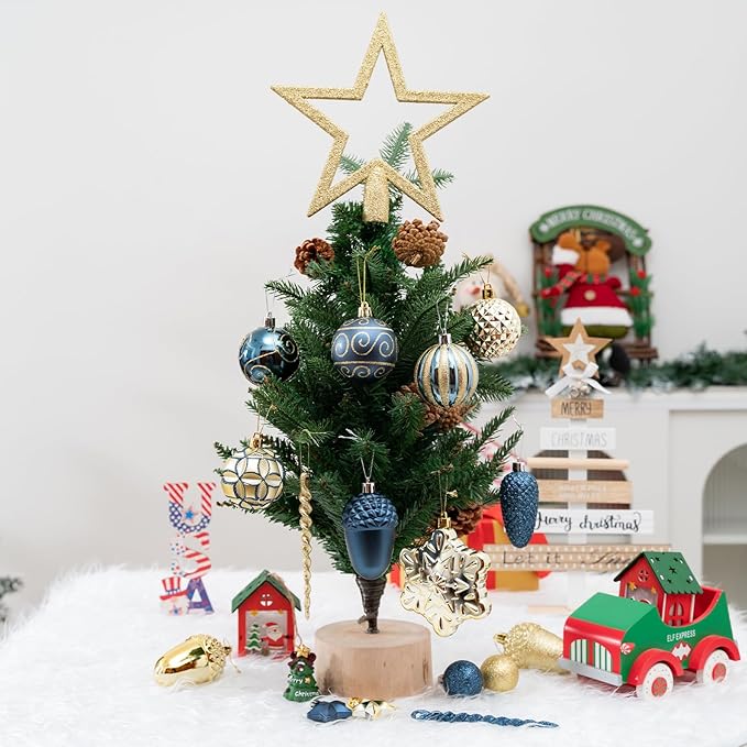 110Pcs Christmas Ball Ornaments Set, Assorted Blue and Gold Christmas Ornaments for Xmas Tree, Shatterproof Plastic Baubles Hanging Decorations for Holiday/Party/Wedding