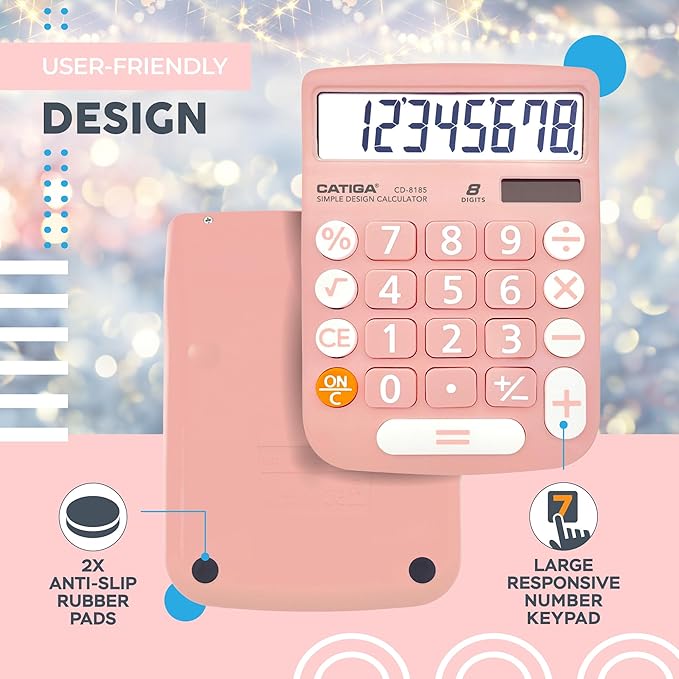 CATIGA Desktop Calculator 8 Digit with Solar Power and LCD Display, Big Buttons, for Home, Office, School, Class and Business, 4 Function Small Basic Calculators for Desk, CD-8185