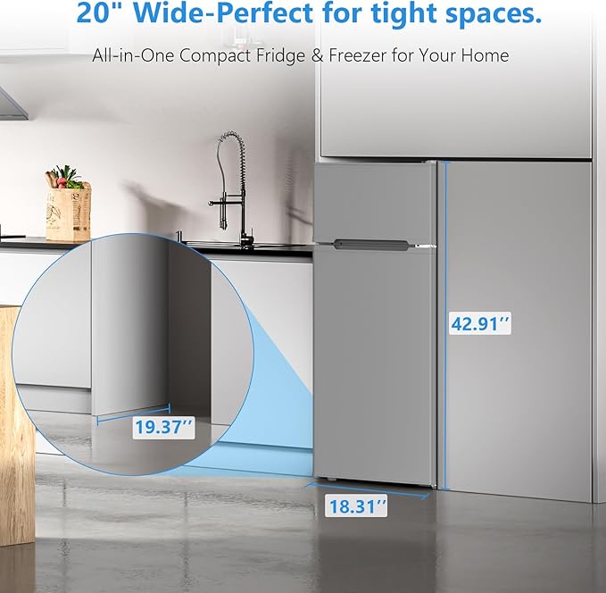 4.5 Cu.Ft Mini Fridge with Freezer, 2 Door Compact Refrigerator, Small Fridge with Adjustable Thermostat Energy Ultra Quiet, Mini Fridge Removable Glass Shelves for Bedroom Office Dorm Grey