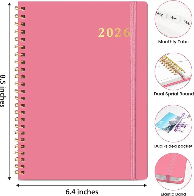 2026 Planner, Weekly and Monthly Calendar Planner Book, January 2026 - December 2026, Hardcover Spiral Planner with Monthly Tabs, Notes Pages, Perfect for Women & Men, A5 (6.4" x 8.5") - Rose Red
