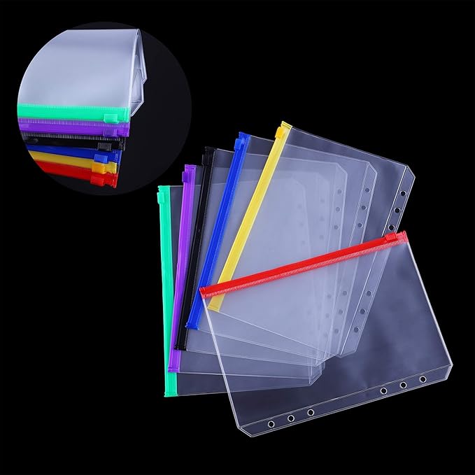 Antner 12PCS A5 Binder Pockets 6-Hole Budget Cash Envelopes for A5 6-Ring Binder, Multicolor Zipper Pouches for Planner Inserts, Money Organizer Bags Savings Challenge Envelopes for Cash Stuffing