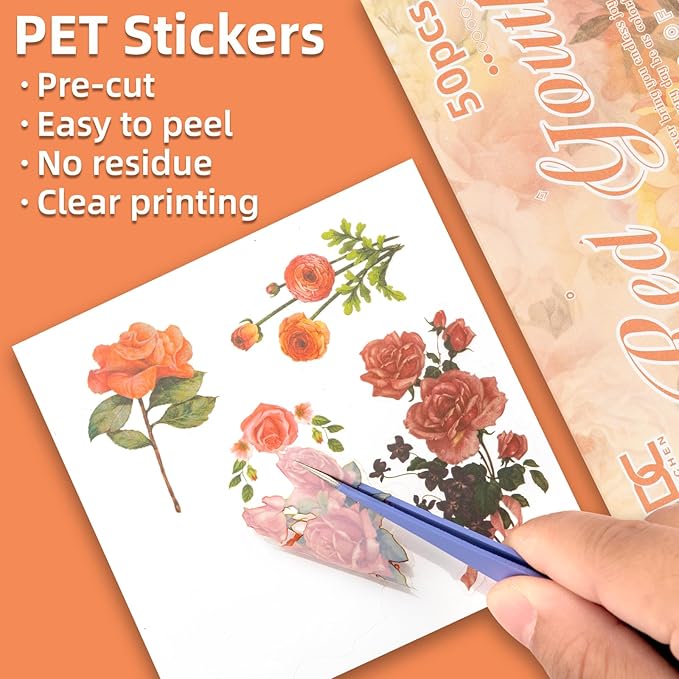 Red Flower Theme Sticker Scrapbooking Supplies for Junk Journal 50 Sheets, Include 25 PET Stickers and 25 Paper of Scene Material Paper - Vintage Journaling Stickers (TZ-006-007)