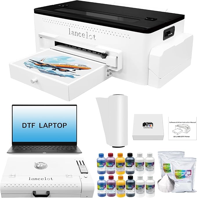 Lancelot A3 L1800 DTF Printer Bundle DTF Printing Machine with Roll Feeder, White Ink Circulation,t Shirt Printers with Film Cutter for DIY T Shirt Business (Printer+Software+Laptop+Consumables)