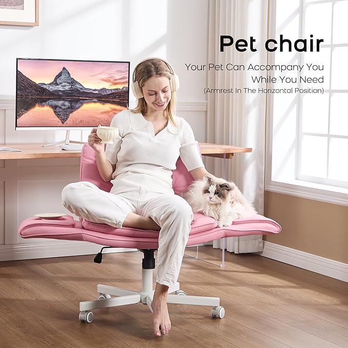 Criss Cross Chair with Armrests & Wheels, PU Leather Vanity Chair, Comfortable Adjustable Swivel Computer Office Desk Chairs for Home, Make Up, Bed Room (Pink)