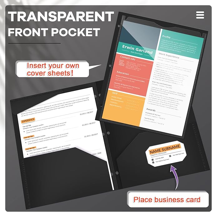 Henoyso 60 Pcs 2 Pocket Plastic Folders with Clear Front Pocket 3 Hole Punched File Folder Letter Size Take Home Documents Holder for Paper Holder Office Business Back to School Supply (Black)