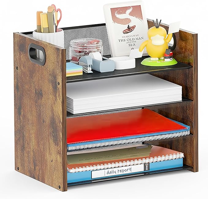 Wood Desk Organizer - 4-Tier Desktop File Organizer, Wooden Paper Organizer, Office Desk Organizer for Papers, Mail, Notebooks, Stationery