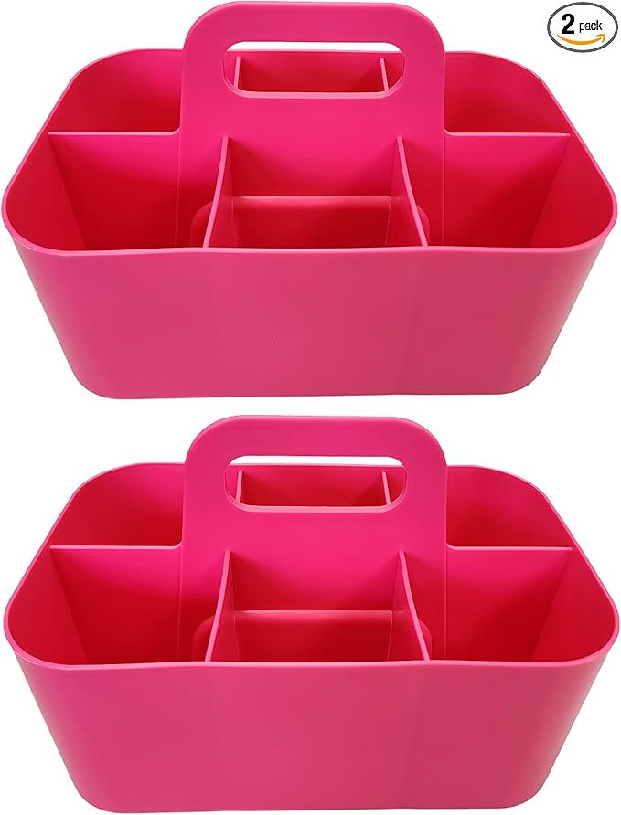 2 Pack Small 6 Compartment Multiuse Caddy Organizer with Handle Art Craft Supplies, Office, Desk, Stationery Pen Holder Stackable- Made In USA (Hot PInk)