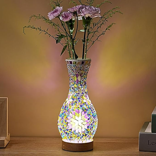Turkish Mosaic Table Lamp, Moroccan Style Colorful Handmade Glass Vase, USB Tiffany Mosaic Table Night Light for Bedroom, Living Room Decor, 9" Height
