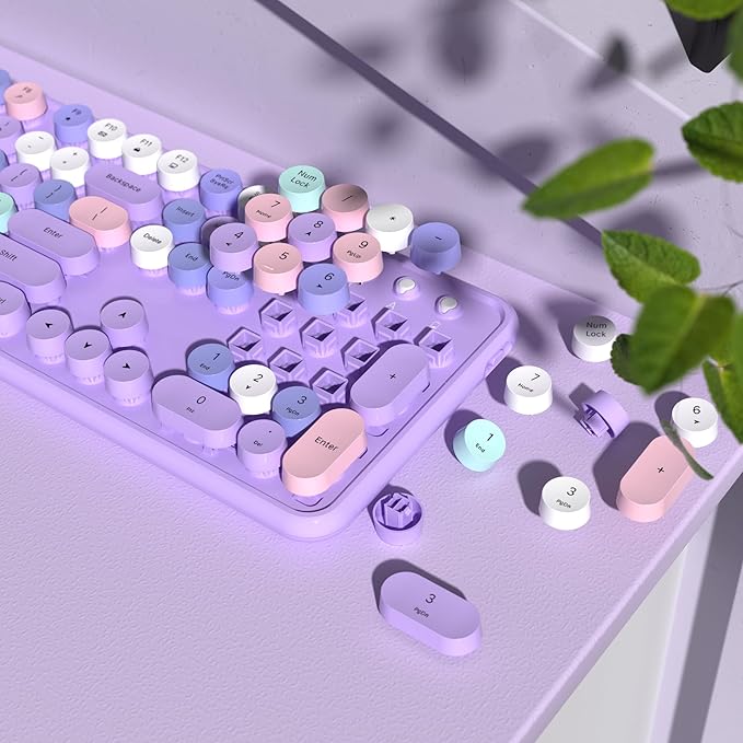 Colorful Wireless Keyboard and Mouse Combo, COVEVA 2.4GHz Wireless Retro Cute Round Keycaps Keyboard, 104 Keys Full-Sized Keyboard Mouse Set with Switch Button for PC Laptop Desktop (Purple Colorful)