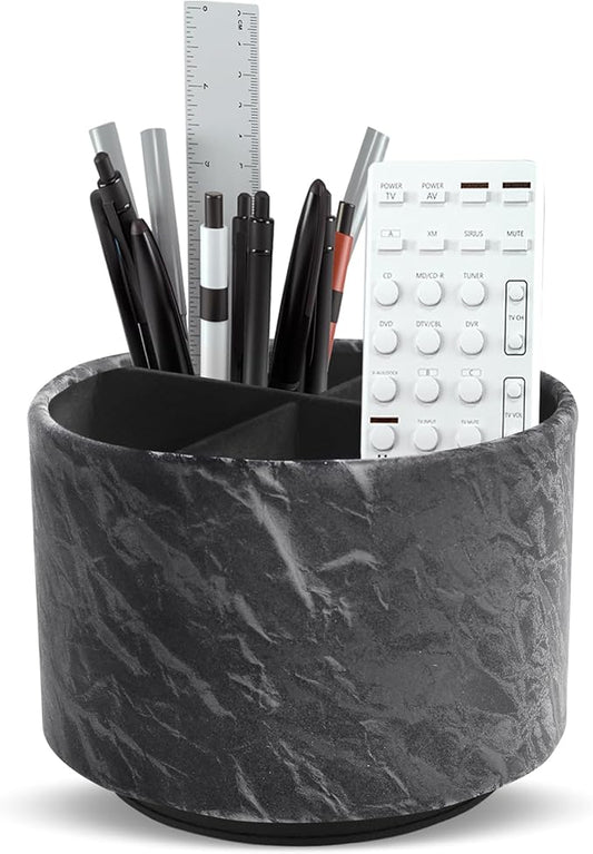 Hennaja Round Leather Art Supply Organizer,Remote Control Holder,360 Degree Spinning,Multi-Functional Pencil Holder,4 Compartments Desktop Stationary Organizer(1-Hill Black)