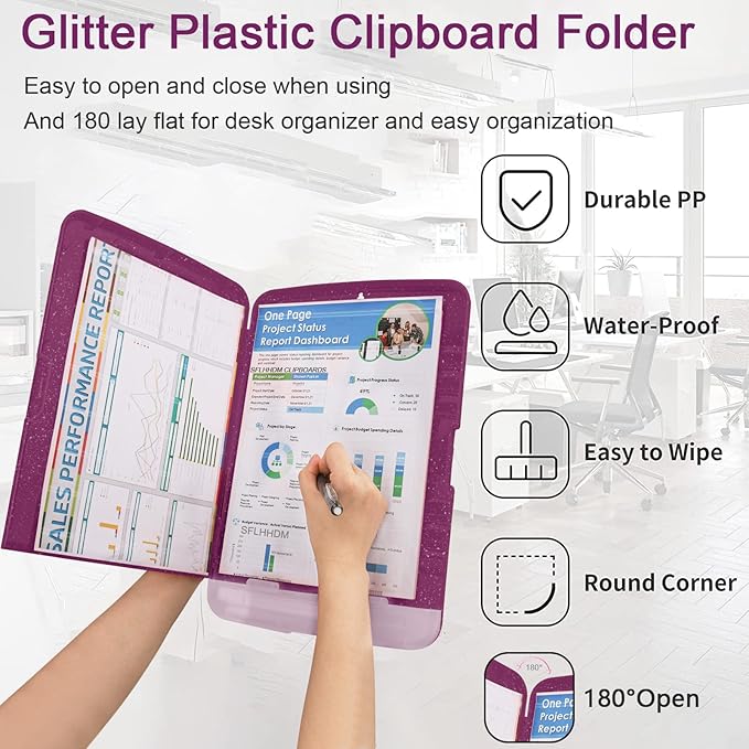 Glitter Clipboard with Storage,Storage Clipboard with Pen Holder,A4 Binder Clip Boards 8.5x11 with Low Profile Clip,Side Opening Sparkle Clipboards,Clipboards Folder for Office Supplies-Purple Alfalfa