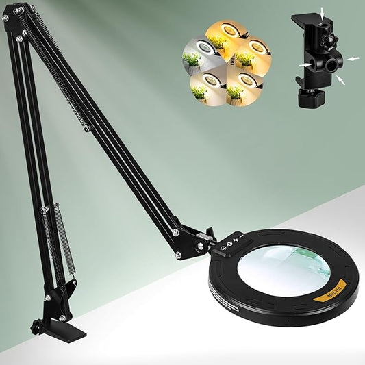 12X Long Swing Arm Magnifying Glass with Light and Stand, NUEYiO 4-Way Large Strong Metal Clamp Lighted Magnifier Lamp, 5 Color Modes LED Magnifying Lamp for Workbench, Crafting, Hobby