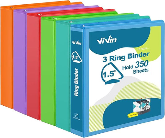 ViVin Sturdy 1.5 Inch 3 Ring Binder with Pockets, Slant-D Ring, PVC-Free, Customizable Clear View Binder,Holds 350 Sheets of 8.5" x 11" Paper, 6 Pack (Assorted)