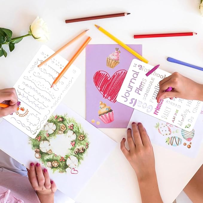 32Pcs Planner Stencils Templates for Calendar, Journal Stencils for Bullet Journaling, Reusable Plastic Handmade Flexible Record Template for DIY Drawing, Notebook & Scrapbook Accessories (4"x7")