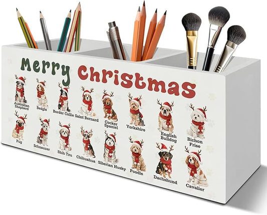 Merry Christmas Dog Pen Pencil Holder Organizer for Desk Accessories, Dog Lover Owner Gifts, Christmas Santa Dogs Chart Wooden Box Signs Decorations for Home Office Desk Tabletop