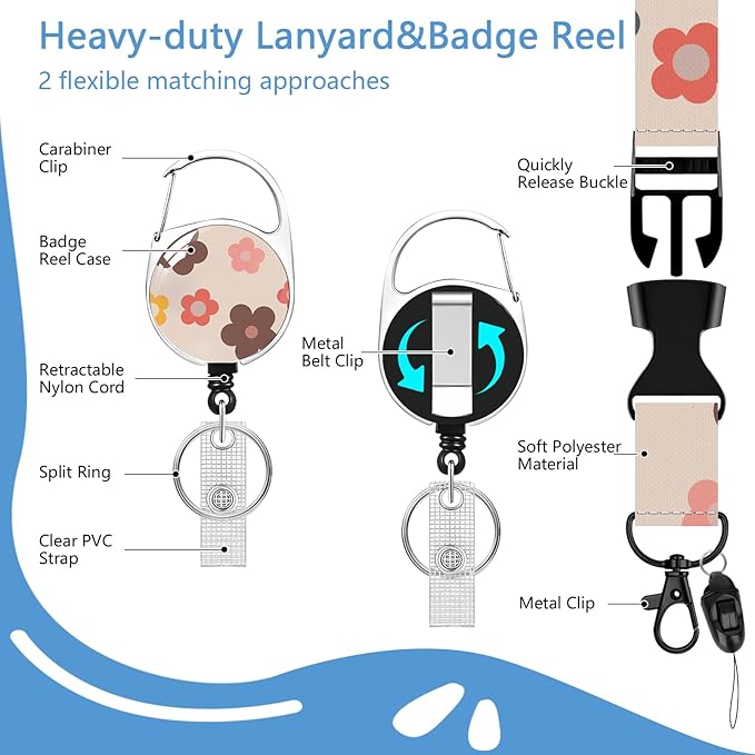 Flower Badge Holder Reel Lanyard,ID Card Badge Holder Retractable Name Tag Clips for Doctor Nurse Teacher Office Student