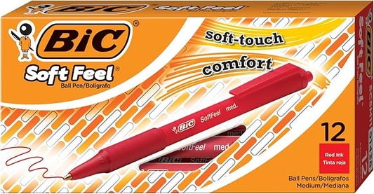 BIC Soft Feel Red Retractable Ballpoint Pens, Medium Point (1.0mm), 12-Count Pack, Red Pens With Soft-Touch Comfort Grip