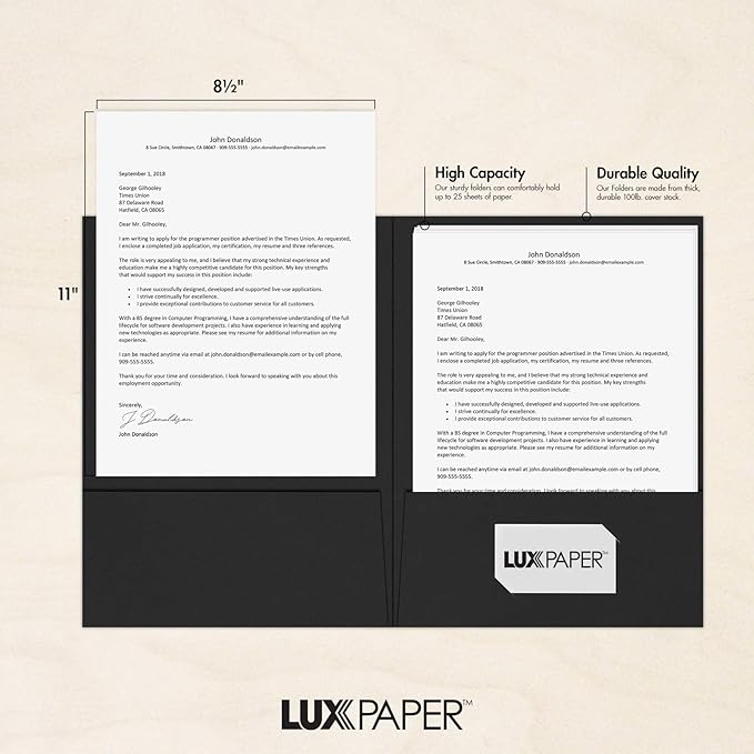 LUXPaper 9" x 12" Presentation Folders | Two Pocket | Midnight Black | 100lb. Cover | 25 Qty