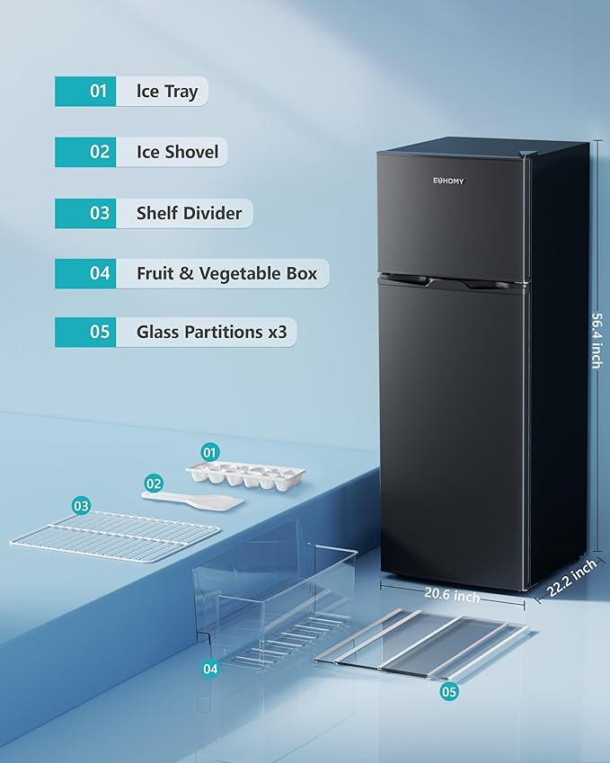 EUHOMY 7.4 Cu.Ft. Refrigerator with Freezer, 2 Door Fridge, Adjustable Thermostat，Large Capacity, Refrigerator for Kitchen/Dorm/Office/Apartment - Food Storage or Cooling drinks, Black