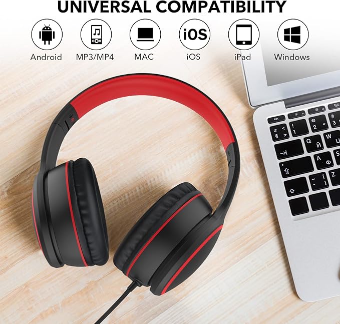 RORSOU R10 Over-Ear Headphones with Microphone, Lightweight Folding Stereo Bass Headset with 1.5M No-Tangle Cord, Portable Wired Headphones for Smartphone Tablet Computer MP3 / 4 (Black)