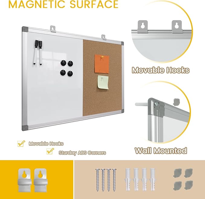 Combination Writeboard 36"x 24" Magnetic Whiteboard & Cork Board Aluminium Frame Dry Erase Board Bulletin Board Wall Mounted Memo Message