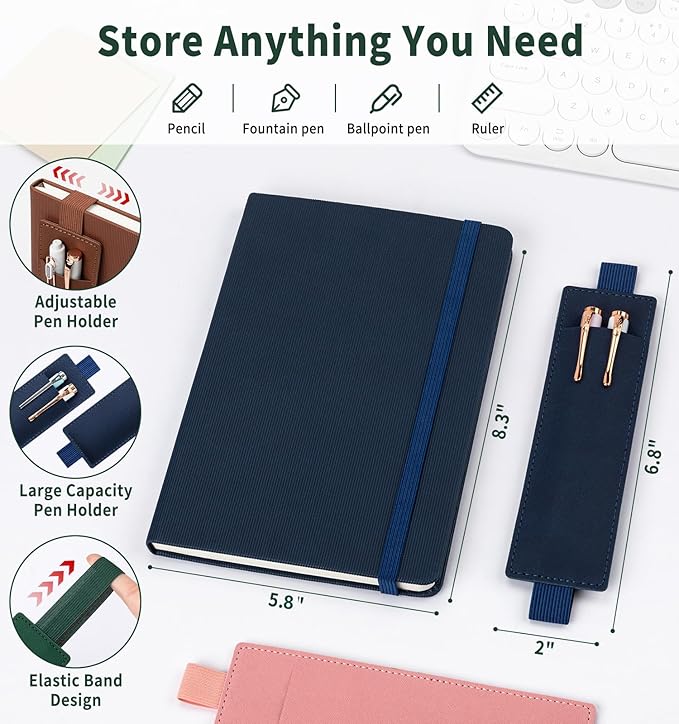 Lined Journal Notebook for Work, A5 Leather Notebook with Pen Holder, 100GSM/160 Pages Thick Paper, Daily Journals for Writing, School, Note Taking, Business, Travel, College Ruled