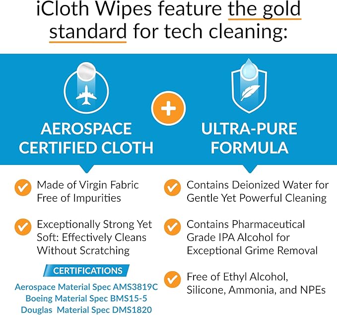 iCloth Large Screen Cleaning Wipes for Electronics, Lint-Free and Streak-Free, Fast-Drying, Removes Dust, Fingerprints, and Smudges (500 Wipes)