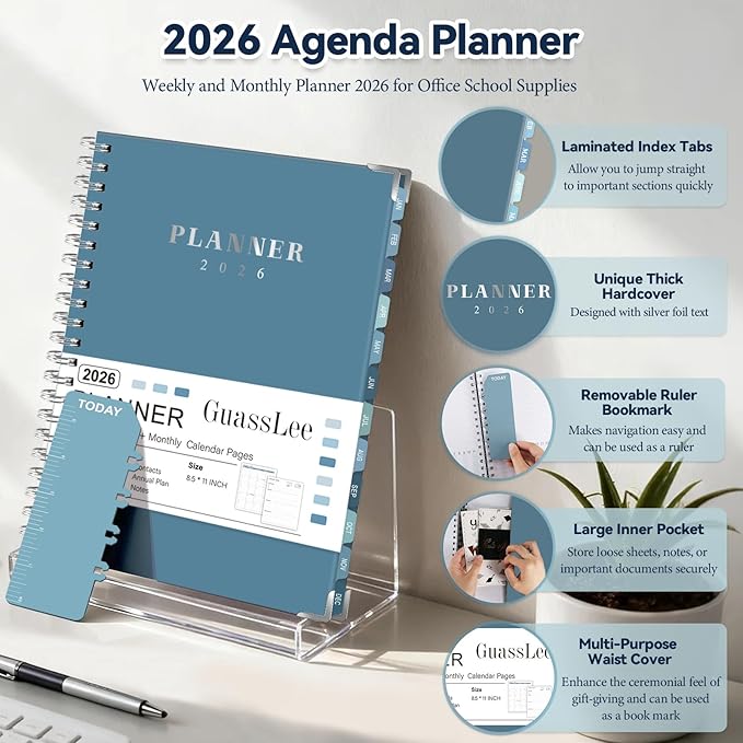 GuassLee Large 2026 Planner, Weekly and Monthly Planner from January 2026-December 2026, 8.5"x 11" Calendar Agenda Book with Back Pocket, Stickers for Home Office School Supplies, A4 Size, Blue