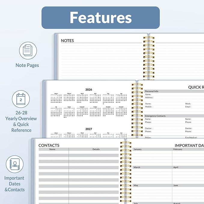 SUNEE 2026 Weekly and Monthly Planner - from January 2026 - December 2026, 6.4" x 8.3" Daily Agenda Planner with Monthly Tab, Flexible Cover, Note Pages, Pockets, Bookmark, Spiral Binding, Gray Blue