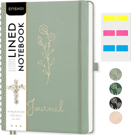 EMSHOI Spiral Notebook A4, 8.5"x11" Hardcover Leather Lined Journal with 110 Pages, 100GSM Thick Paper, Contents & Page Numbers, Flower Design - for Work, School, Journaling, Writing-Light Green