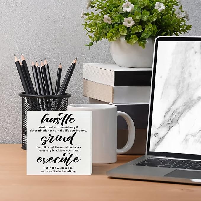 Inspirational Wooden Box Sign, Hustle Grind Execute, Inspirational Home Office Desk Decor, Motivational School Classroom Decoration, Positive Gifts for Women Men Coworkers Student 5 inches*5 inches