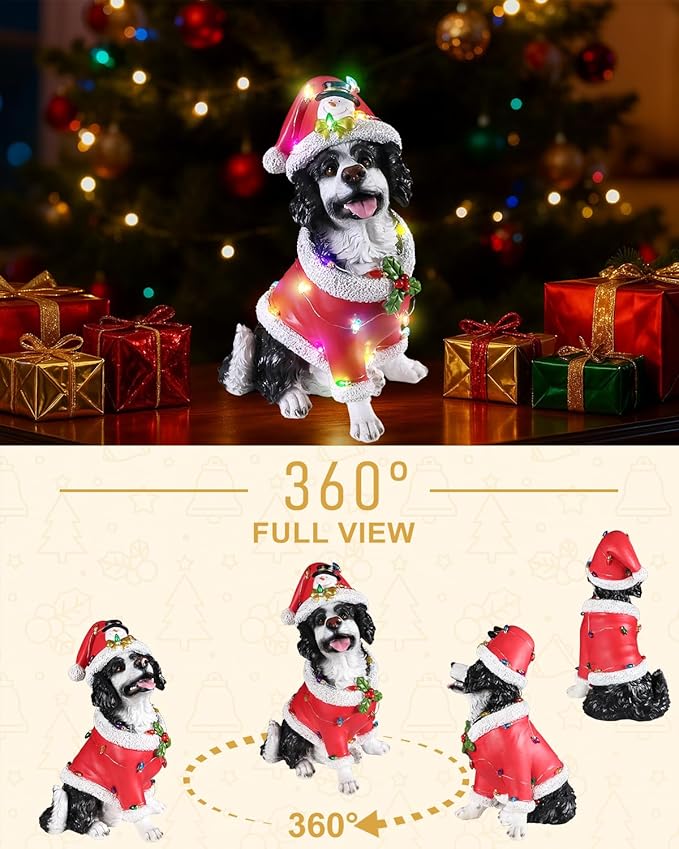 Christmas Outdoor Decoration Dog Statue, LED Light Cute Springer Spaniel Dog Sculpture with Santa Outfit & Lights for Garden and Yard, Indoor Holiday Décor Gift for mom and dad