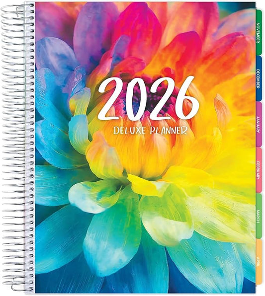 DELUXE 2026 Planner, 8.5"x11": 14 Months (November 2025 - December 2026), Includes Page Tabs, Bookmark, Planning Stickers, Pocket Folder Daily Weekly Monthly Planner Yearly Agenda (Rainbow Petals)