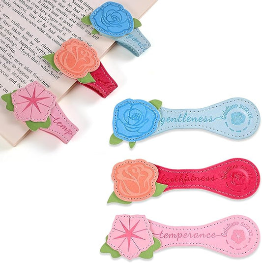 3 PCS Fruit of Spirit Magnetic Leather Bookmarks, Floral Patterns (Faithfulness Gentleness Temperance) of Galatians, Bible-Inspired Page Markers, Gift for Book Lovers, Students, Book Accessories