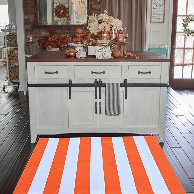 Orange and White Rug Halloween Fall Front Door Rug Hand Woven Area Rugs Washable Outdoor Doormats Indoor Entrance Mat for Front Porch Kitchen Entryway Patio Holiday