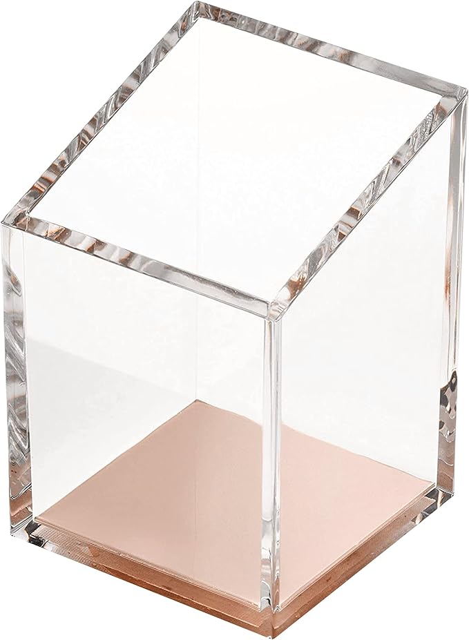 OfficeGoods Acrylic Pen & Pencil Holder - Modern Trapezoid Design - Beautiful Desk Organizer for Home or Office - 3" Square w/ 3.5" Front & 4.5" Back - Clear Rose Gold Metal