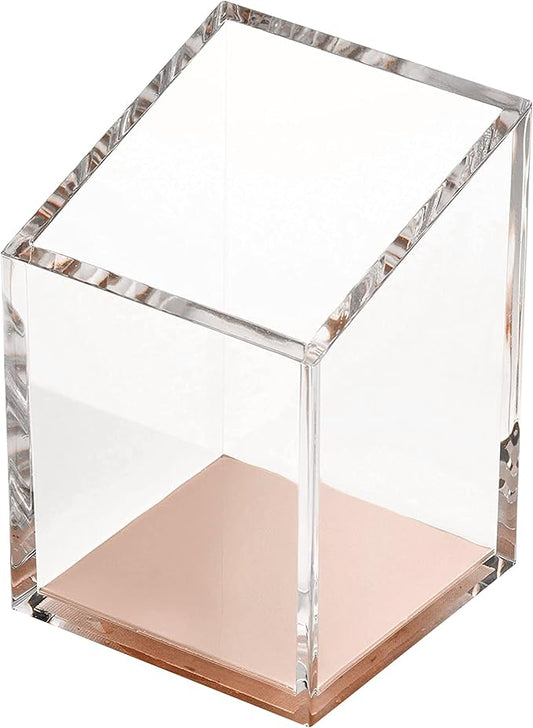 OfficeGoods Acrylic Pen & Pencil Holder - Modern Trapezoid Design - Beautiful Desk Organizer for Home or Office - 3" Square w/ 3.5" Front & 4.5" Back - Clear Rose Gold Metal