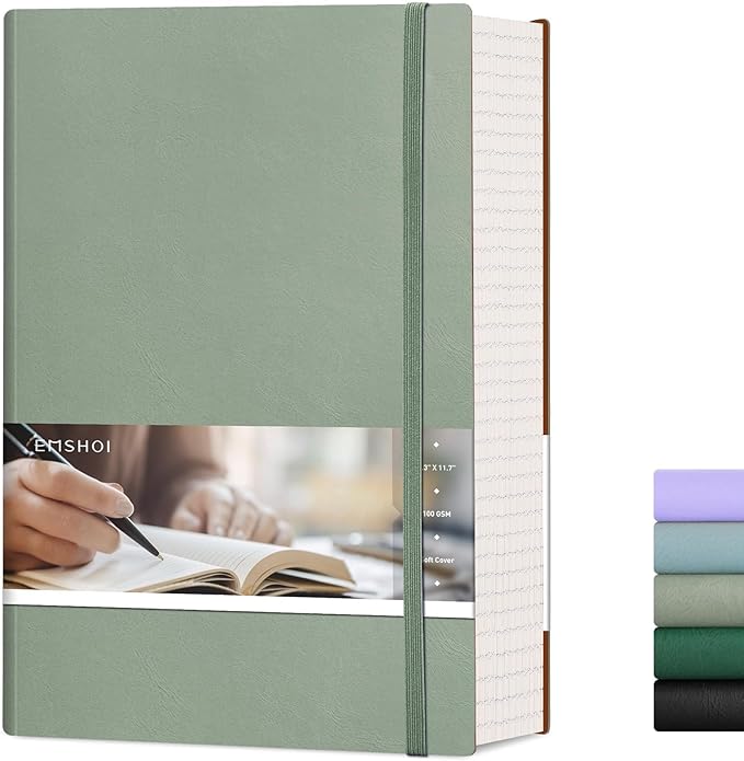EMSHOI A4 College Ruled Notebook Journal- 400 Pages (200 sheets), 7mm Spacing & Vegan Leather Cover for Work, School, Bible Study, Bullet Journaling- with Sticky Notes, Pocket & Pen Holder - Green