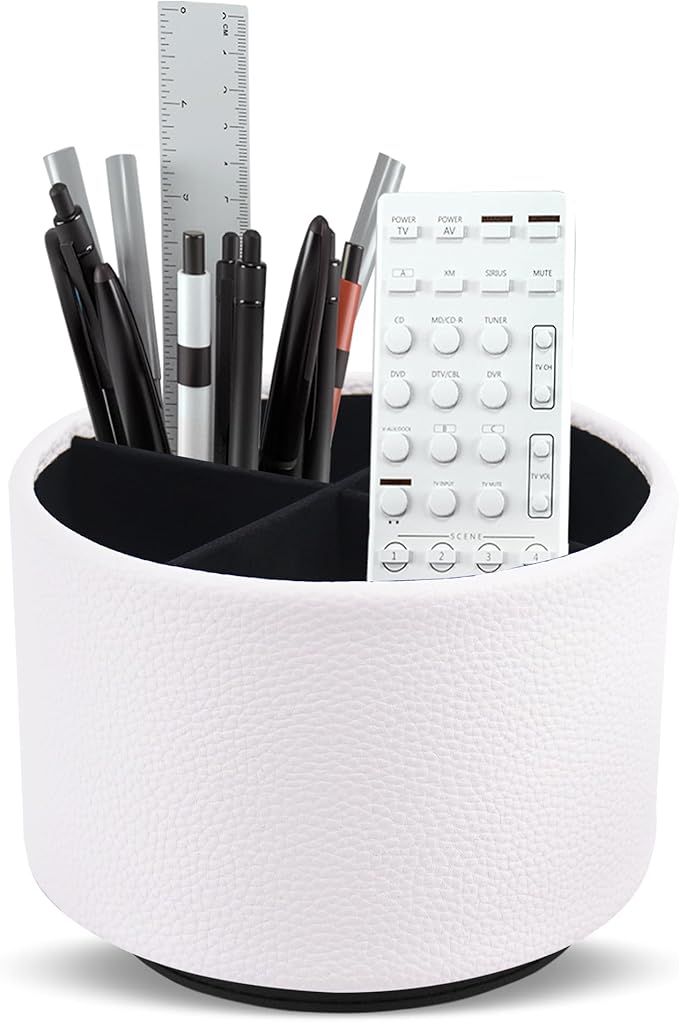 Hennaja Round Leather Art Supply Organizer,Remote Control Holder,360 Degree Spinning,Multi-Functional Pencil Holder,4 Compartments Desktop Stationary Organizer(1-Lichee White)
