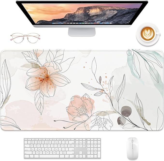 Desk Mat, 32" x 16" XXL Extended Large Gaming Mouse Pad, Desktop Decor Desk Pad, Cute Men Women Office Supplies and Accessories, XL Mouse Mat for Laptop & Keyboard, Watercolor Flowers